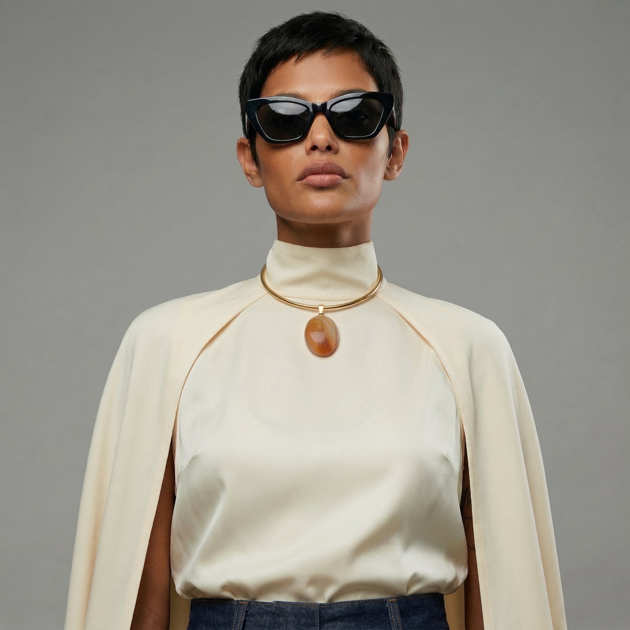 MESKI — Gold-tone Stainless Steel & Botswana Agate Necklace